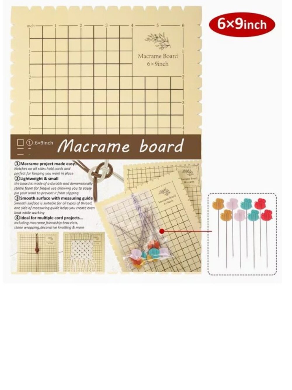 Macrame board with four sided alveolar high-density 6x9 ''+8pcs bee fixed pins